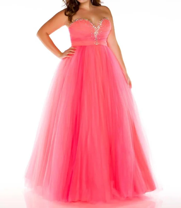 Clothing Store Tulle Strapless Gown In Neon Coral