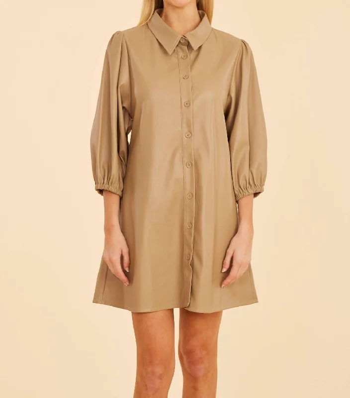 Women's Work Outfit For The Office Classic Faux Leather Dress With Puff Sleeves In Taupe