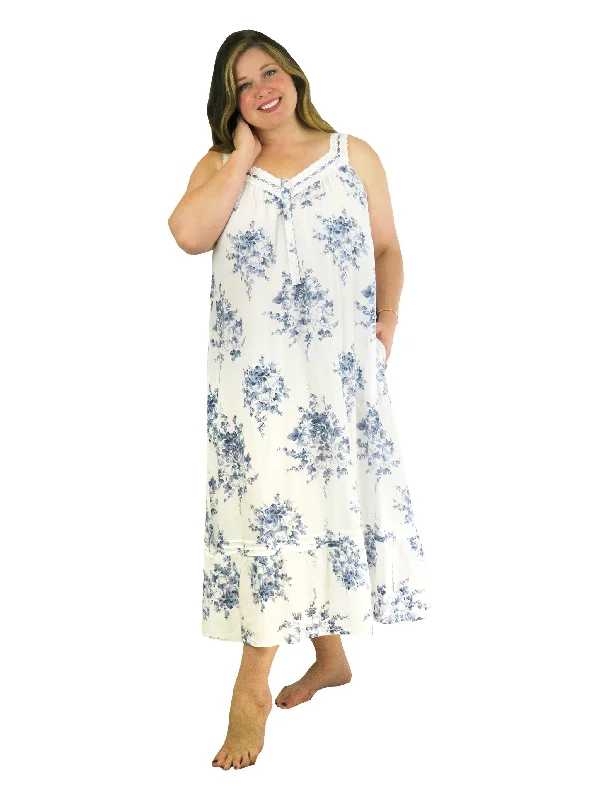 Women's Night-Out Outfit Plus Size 100% Cotton Lace Trim Flounce Gown- Blue and White Floral Print