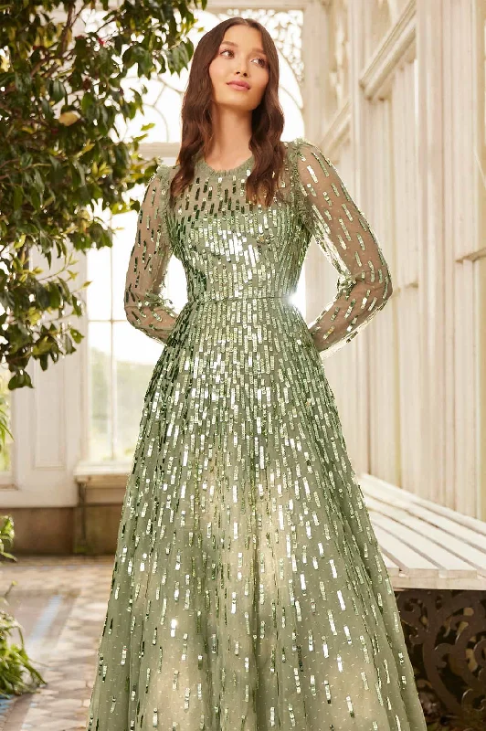 Women's Elegant Evening Attire Sequin Dash Long Sleeve Ankle Gown