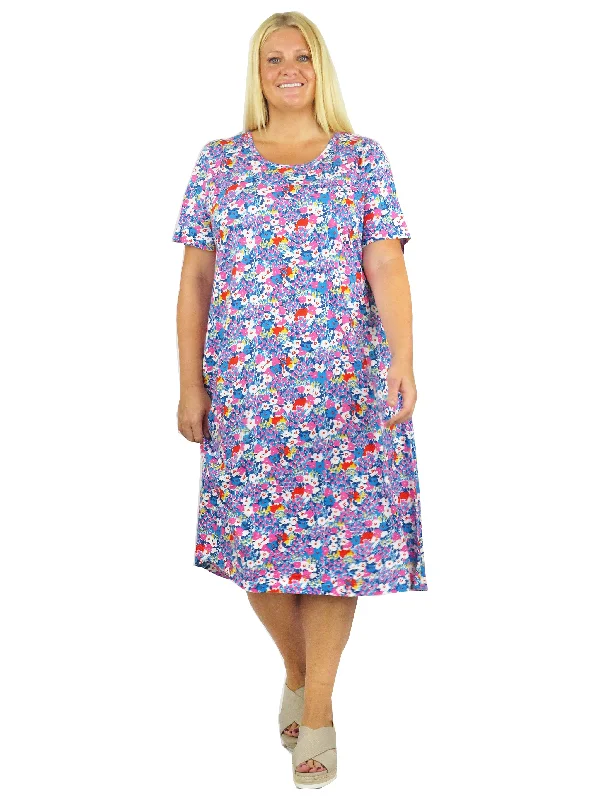 Women's Layered Outfit Plus Size Turq/Pink Floral Cotton Jersey A-line Dress