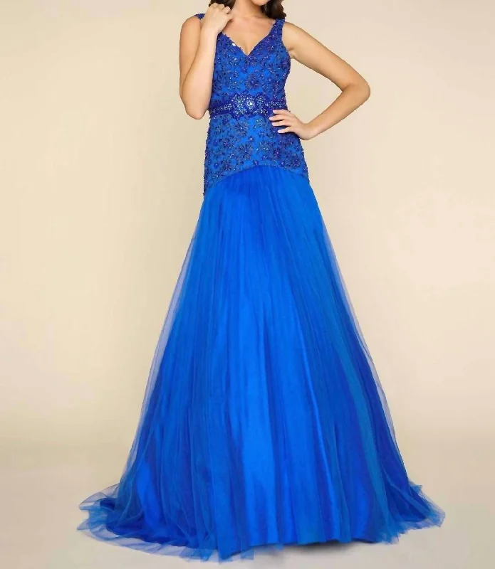 Women's Clothes Deep V-Neck Floor Length Ball Gown In Electric Blue