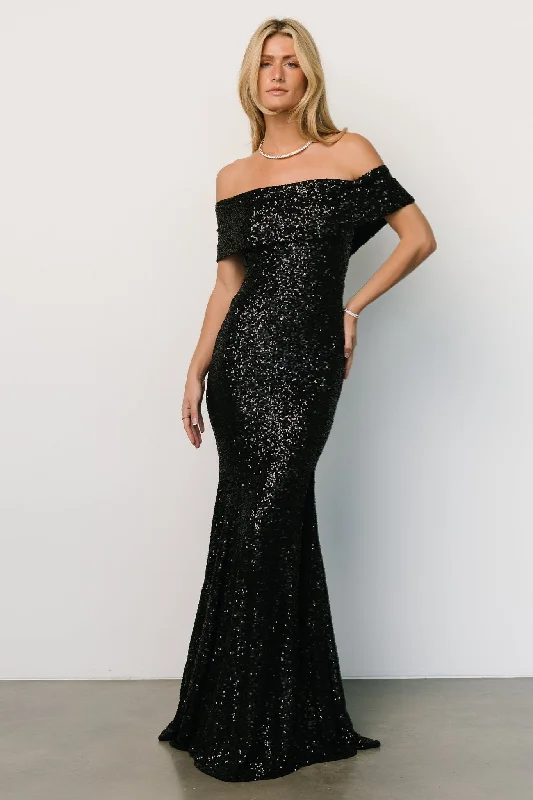 Online Boutiques Clothing Yvonne Off Shoulder Sequin Gown | Black