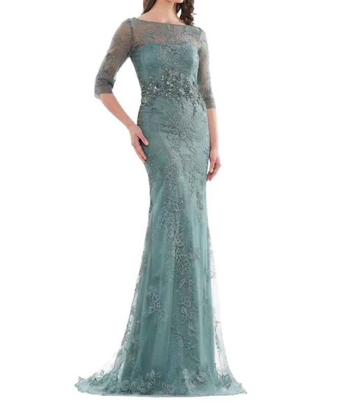 Women's Formal Event Outfit Sheer Lace Mother Of Bride Gown In Sage