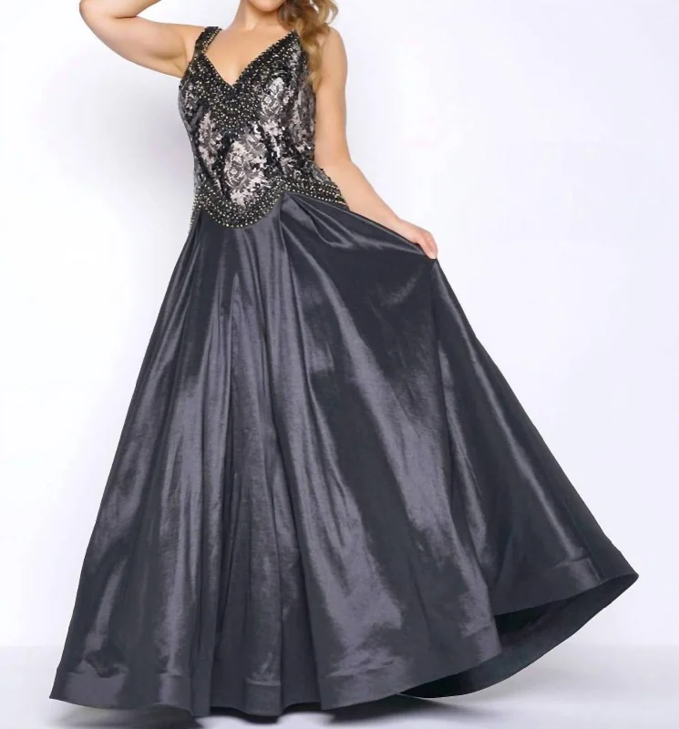 Charming Women's Garments Shiny Taffeta Fit And Flare Ball Gown - Plus In Black/nude