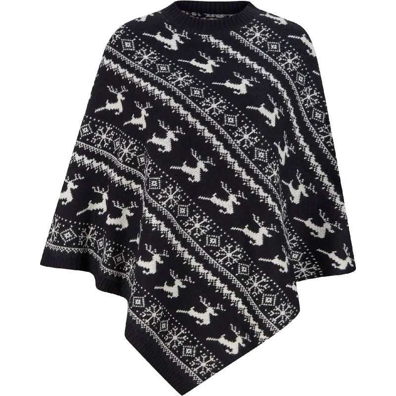 Women's Night-Out Outfit Christmas Claudia Reindeer & Snowflake Print Womens Poncho Cape - Navy