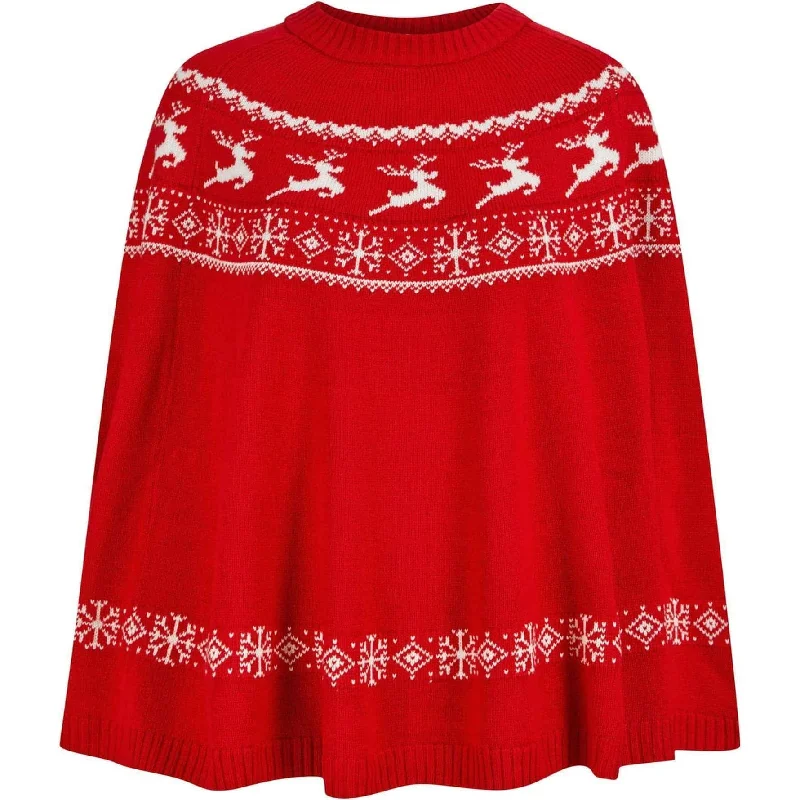 Women's Holiday Outfit Christmas Evanora Reindeer Print Womens Poncho Cape - Red