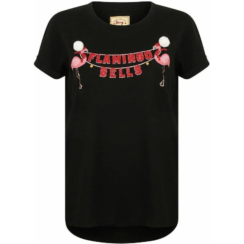 Women's Trendy Casual Clothes Season's Greetings Flamingo Bells Womens Christmas Short Sleeve Top - Black