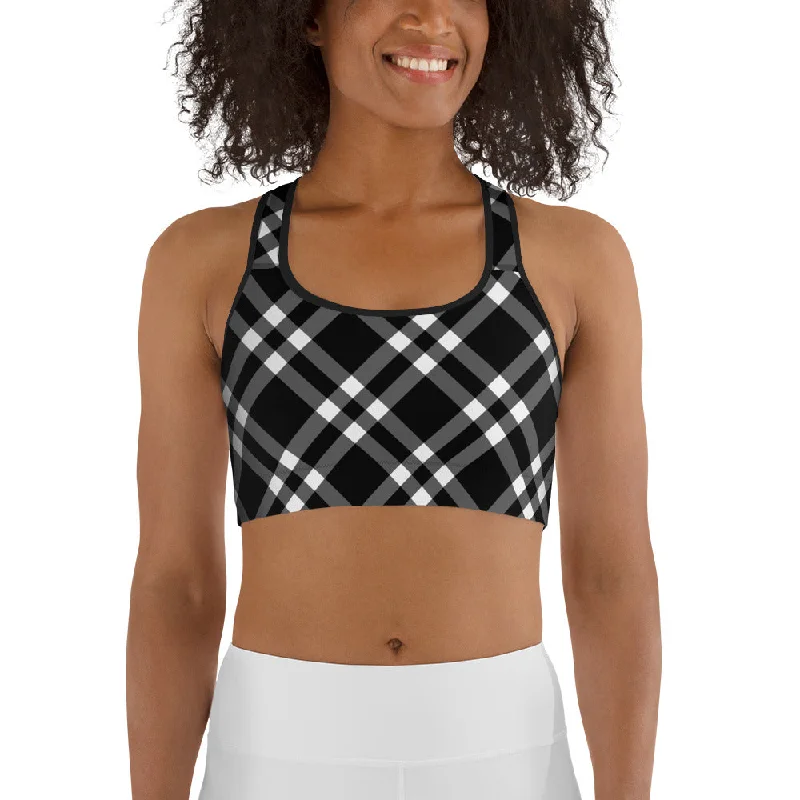 Women's Evening Wear Attire Sports Bra Black and White Gingham