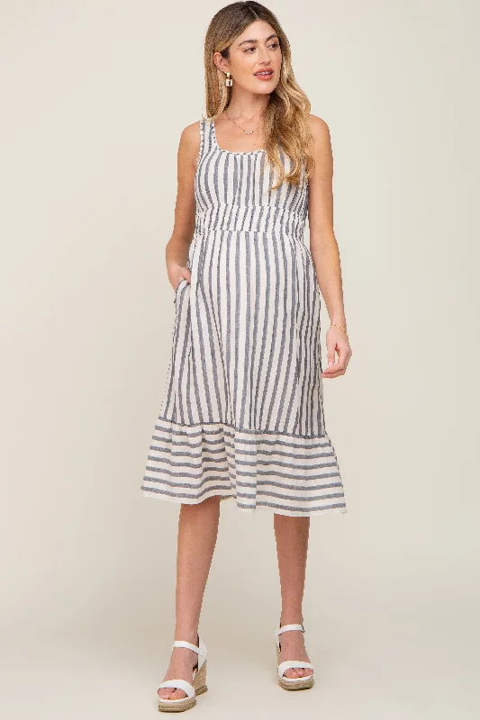 Women's Clothes For The Office Blue Striped Sleeveless Ruffle Hem Maternity Midi Dress