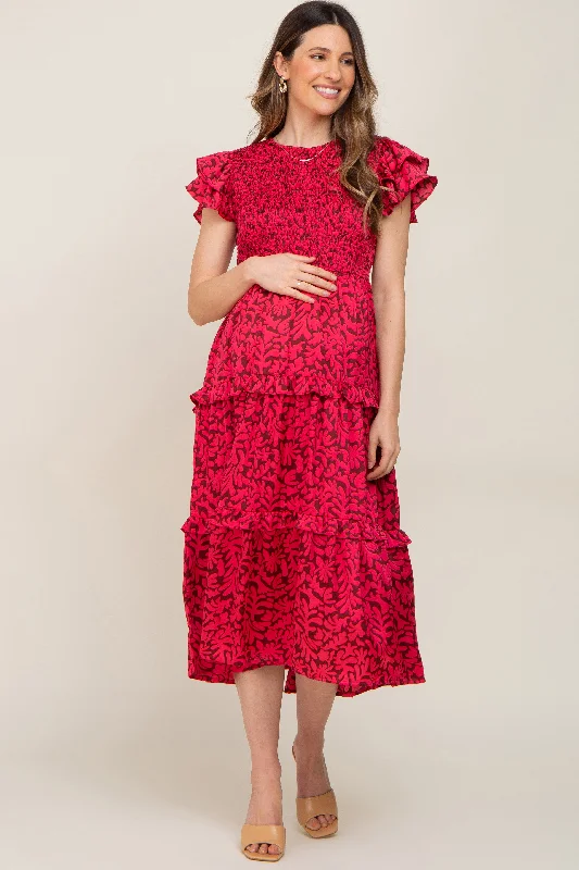 Women's Comfortable Lounge Garments Fuchsia Print Smocked Ruffle Tiered Maternity Midi Dress