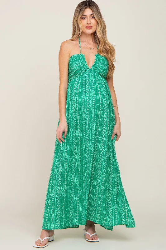 Women's Formal Event Outfit Green Halter Printed Side Slit Maternity Maxi Dress