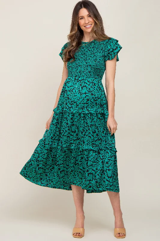 Women's Comfy Attire For Lounging Green Print Smocked Ruffle Tiered Maternity Midi Dress