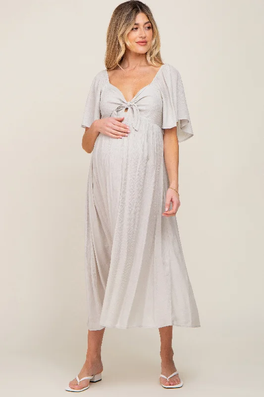 Women's Comfy Attire For Lounging Grey Front Tie Ruffle Sleeve Maternity Midi Dress