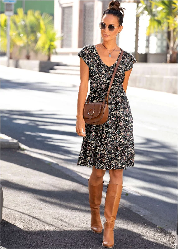 Women's Vintage-Inspired Outfit V-Neck Mini Dress - Black Floral