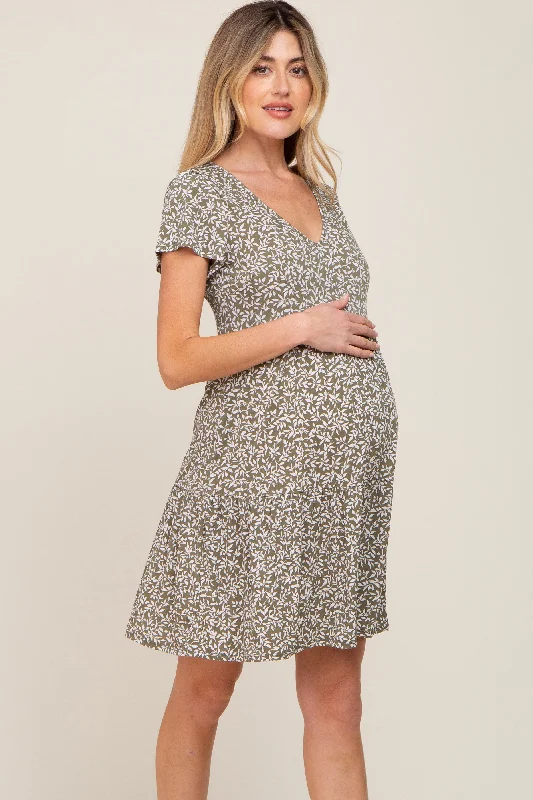 Women's Transitional Clothes Olive Leaf Printed V-Neck Short Sleeve Maternity Dress