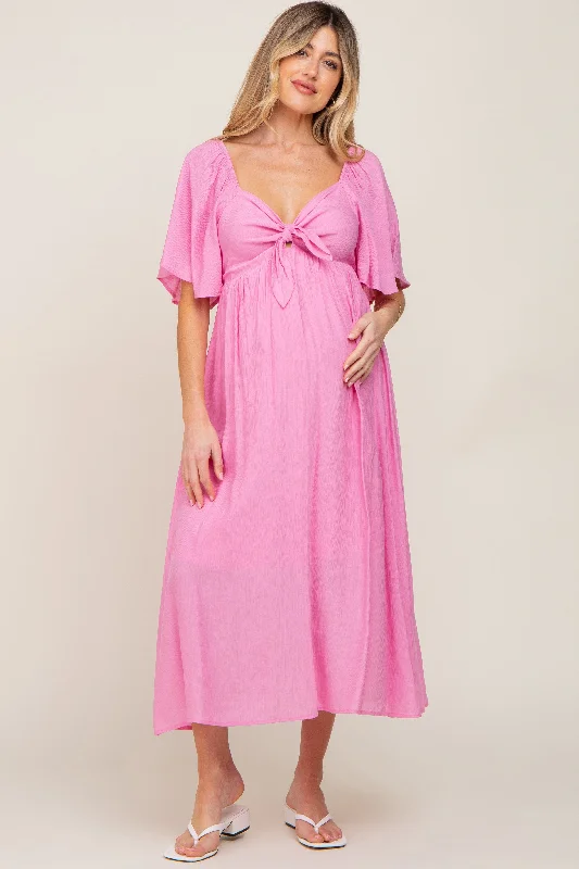 Women's Vintage-Inspired Clothing Pink Front Tie Ruffle Sleeve Maternity Midi Dress