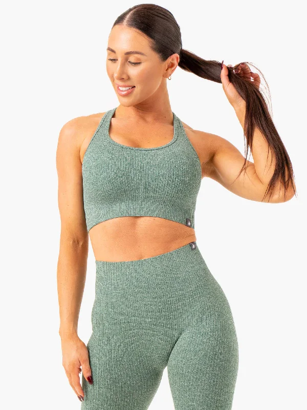 Women's Vintage-Inspired Outfit Rib Seamless Sports Bra - Green Marl