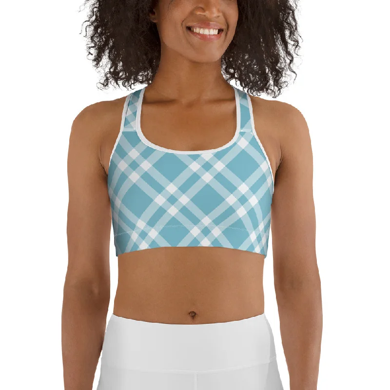 Women's Trendy Attire Sports Bra Teal Blue and White Gingham