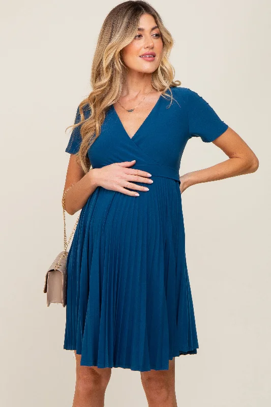 Women's Date Night Outfit Teal Pleated Maternity/Nursing Dress