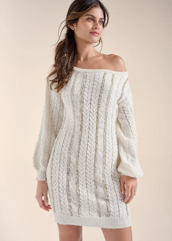 Women's Outerwear Attire Rhinestone Embellished Sweater Dress  - Off White