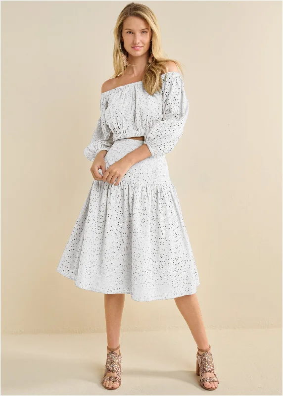 Elegant Clothing For Women Two-Piece Eyelet Midi Dress - White