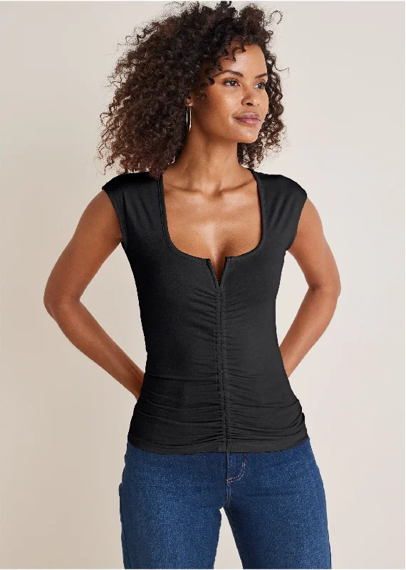 Women's Outfit Ruched Cap Sleeve Top - Black