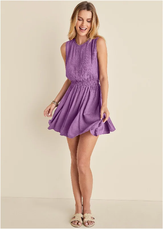 Women's Trendy Casual Clothes Crinkle Viscose Mini Dress - Purple